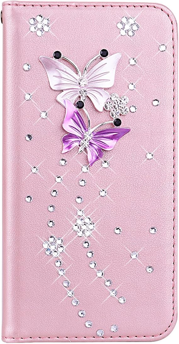Glitter Wallet PU Case for ITEL S26 ULTRA, Rose Gold Solid Color Flip Case with Strass Rhinestone Bling Bling Diamond 3D Butterflies Pattern Folio Wallet Cover for ITEL S26 ULTRA