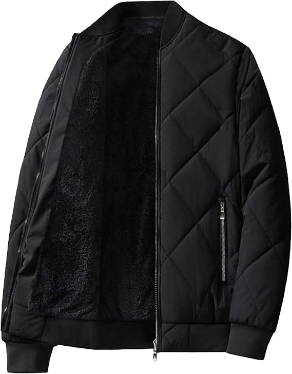 Men's Quilted Open Bottom Bomber Jacket Casual Sherpa Lined Down Jackets Stand Collar Diamond Pattern Overcoat (Black,Medium)