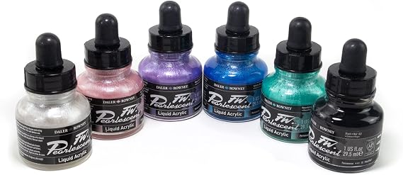 FW Acrylic Ink Pearlescent Colors Set, 6 Bottles, Premium Shimmer Liquid Ink, Lightfast Waterproof Formula for Calligraphy, Airbrush, Illustration, Art