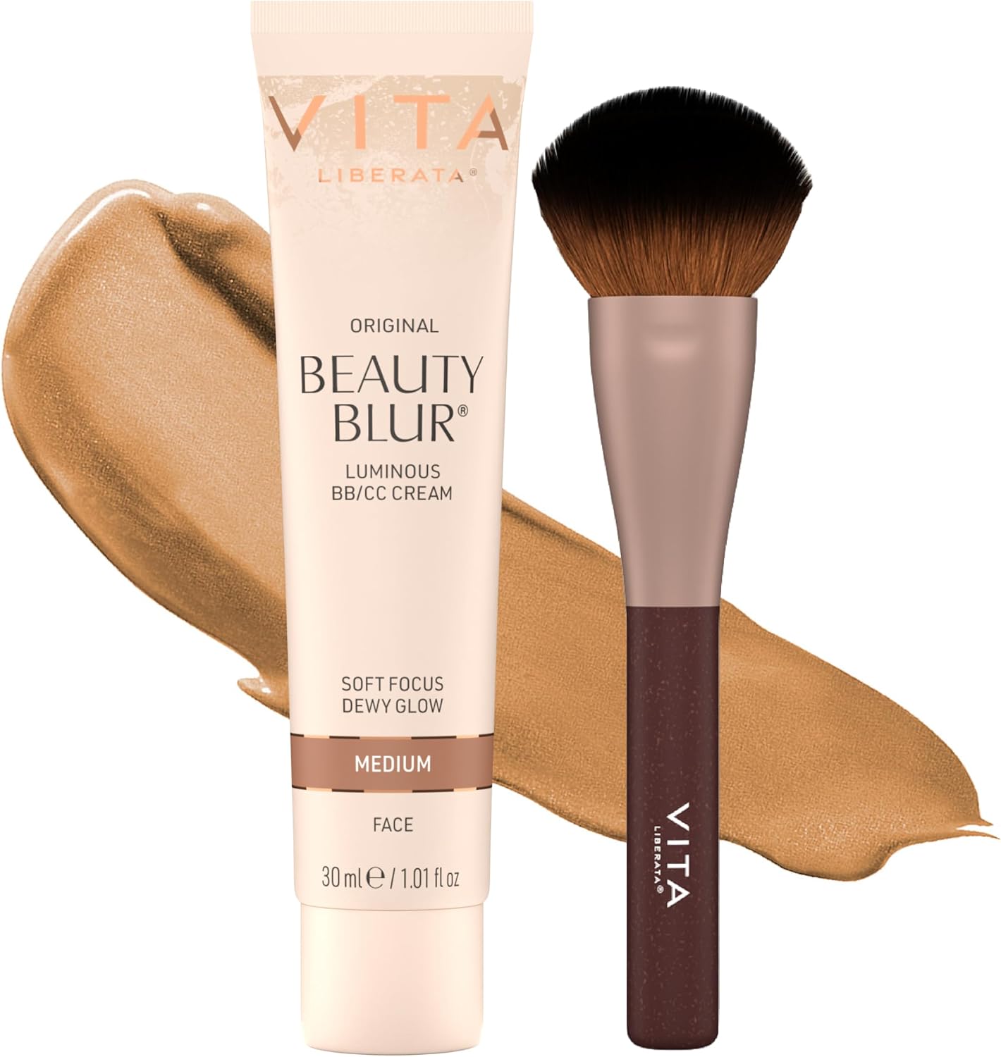 VITA LIBERATA Beauty Blur Medium 30ml & Brush Bundle, BB/CC Cream, Hydrating complexion booster, Radiant Glow & Flawless Finish, Colour Corrector, Tinted Primer, Flawless application blending brush