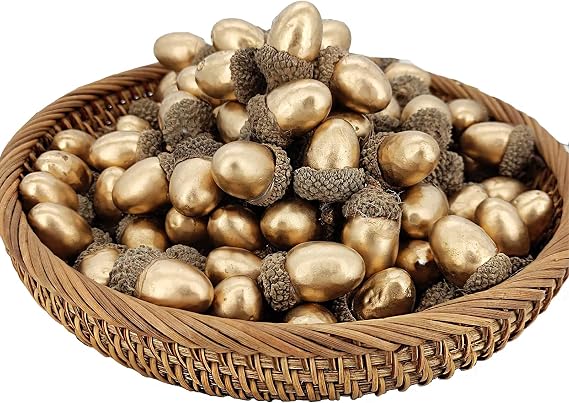 Laiiqi 50pcs artificial acorn decorations, fall decor, acorns for squirrels, golden with natural acorn cap suitable for Christmas Thanksgiving Wedding and other table decorations