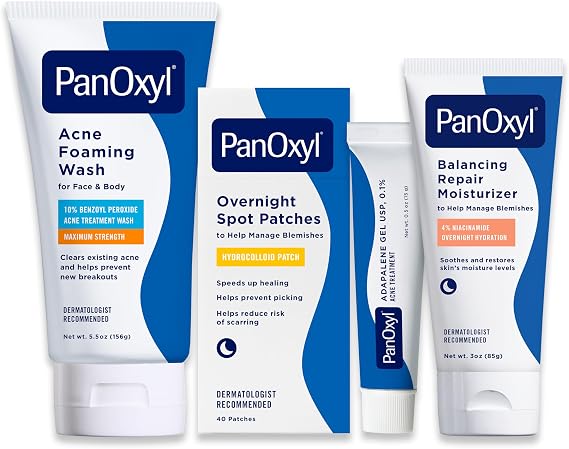 PanOxyl Complete Acne Clearing Routine Bundle - Acne Foaming Wash Benzoyl Peroxide 10%, PM Balancing Repair Moisturizer, PM Overnight Spot Patches & Adapalene 0.1% Leave-On Gel