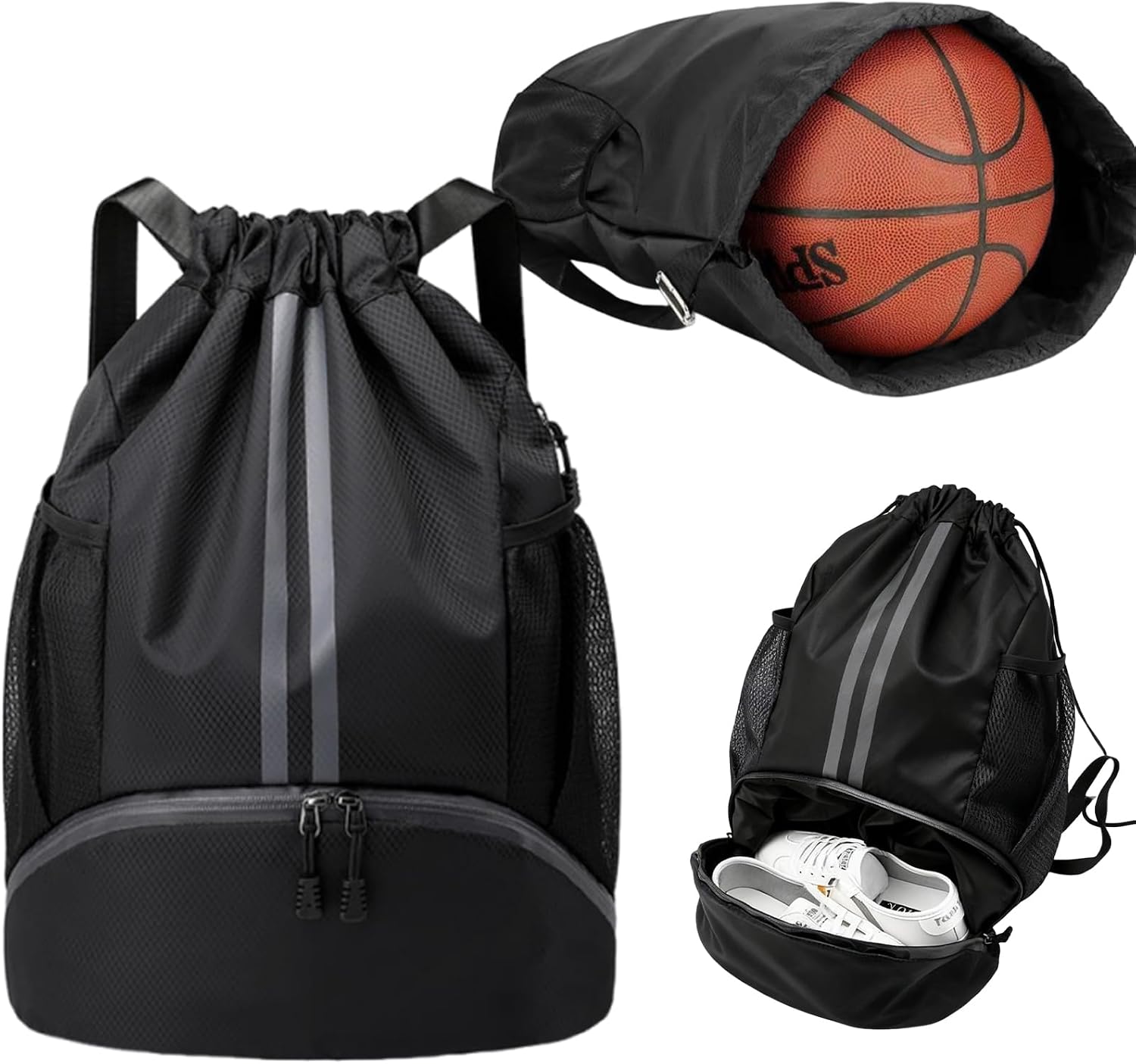 35L Waterproof Drawstring Bag - Sports & Swimming Backpack with Shoe Compartment & WetDry Pockets and mesh Water Bottle Pocket for Gym, Football & PE Kit Black