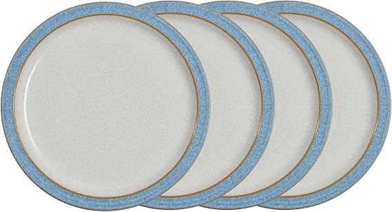 Denby - Elements Medium Blue Plates Set of 4 - Dishwasher Microwave Safe Crockery 22cm - Blue, White Ceramic Stoneware Tableware - Chip & Crack Resistant Lunch Plates