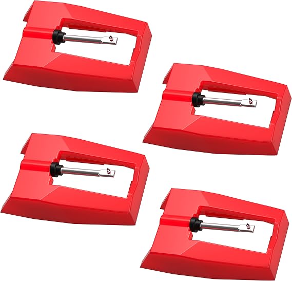 4 Pack Record Player Needles Replacement, Ruby Stylus Turntable Cartridge Needle for Vinyl Records, Compatible with Crosley, Victrola, ION, Jensen, Boytone & More, Metal Storage Case Included