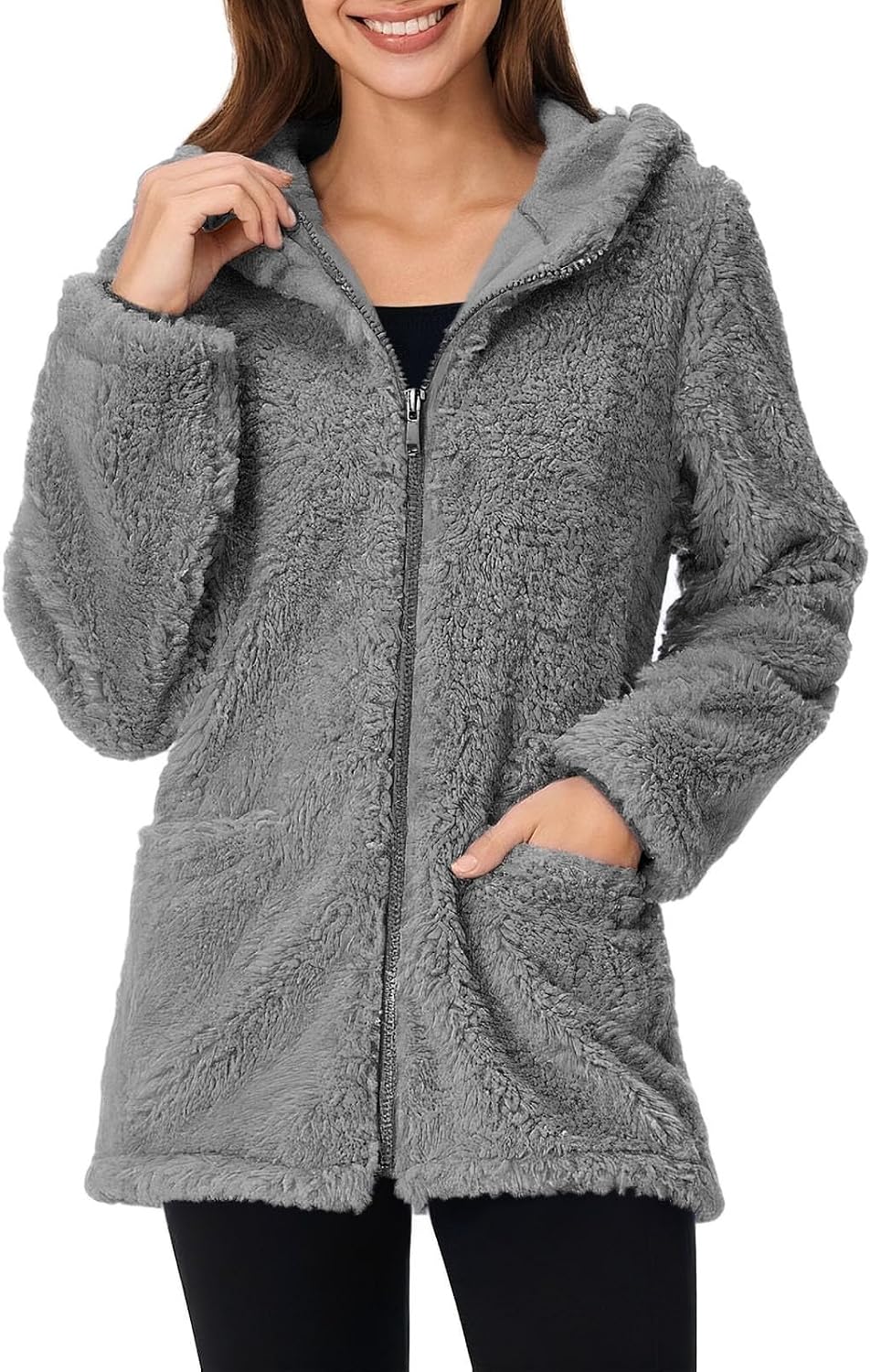 Womens Fleece Zip Up Jacket Oversized Long Sherpa Hoodie Fuzzy Outerwear Fall Winter Warm Coat with Pockets