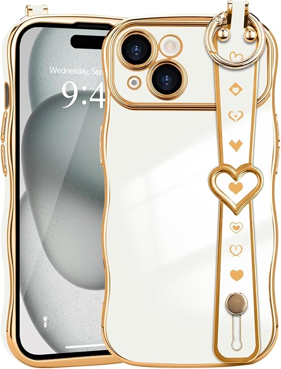 LLZ.COQUE for iPhone 15 Case for Women Girls, Wave Frame with Strap Cute Love-Heart Luxury Plating Curly Shape Cover Raised Camera Protection Shockproof Silicone Phone Case for iPhone 15, White