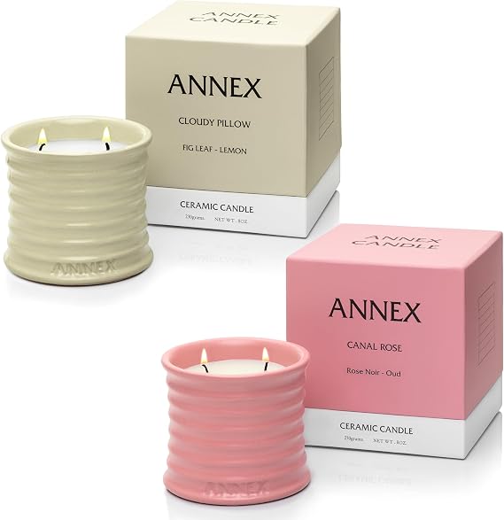 2 Pack | Beige Fig Leaf & Lemon + Pink Rose Bud & Oud | Handmade Ceramic Jars, Soy Wax | Large Natural Aromatherapy Candles, Non-Toxic, 2 Wicks, Reusable Jars