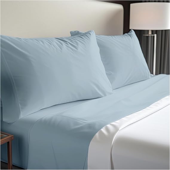 Dwell Studios Luxe Comfort: 400TC Cotton Sateen Weave Queen Sheet 4 Pc Set - Extra Deep Pocket - Fits 18" Mattresses - Blue, Queen