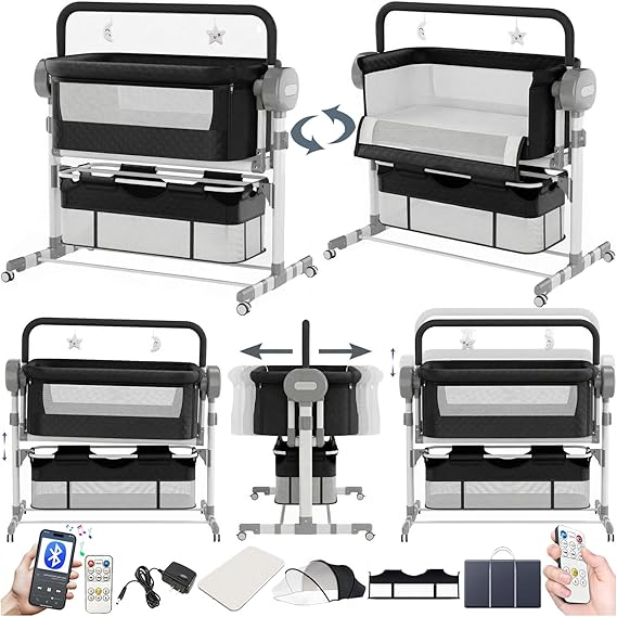 Nine point nine Electric Bluetooth Smart Baby Bedside Next to Me Crib, Multifunctional Co-Sleeping Bassinet Cot, Toddler Bedside Sleeper, Foldable Convertible Cradle 5 Swaying Gears (608 Black)