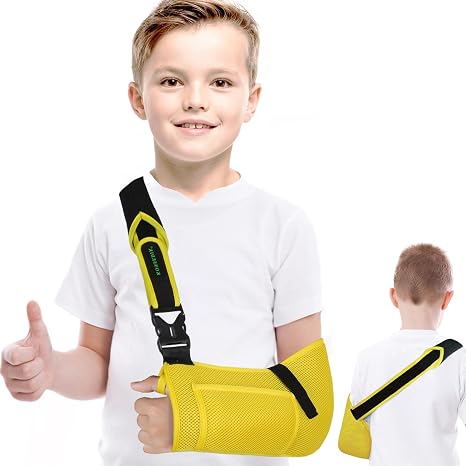 KONSEDIK Arm Sling for Kids - Adjustable Breathable Shoulder Immobilizer with Pockets,Supports Rotator Cuff Injury,Wrist,Elbow,Clavicle Fracture Recovery,Post-Surgery Sling for Left or Right Arm(Yellow,X-Small)