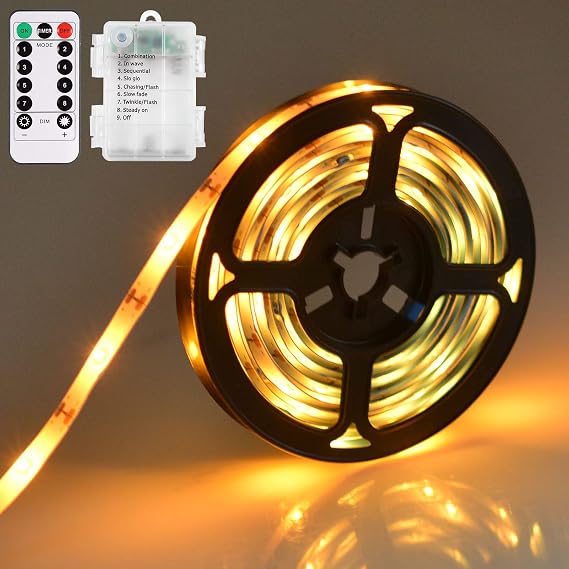 9.8 Ft Strip Lights Battery Operated 90 LED Strip Lights with Remote Timer | Dimmable Waterproof Flexible Lights Strip for Indoor Outdoor TV Table Bedroom Boat Kitchen (Warm White)
