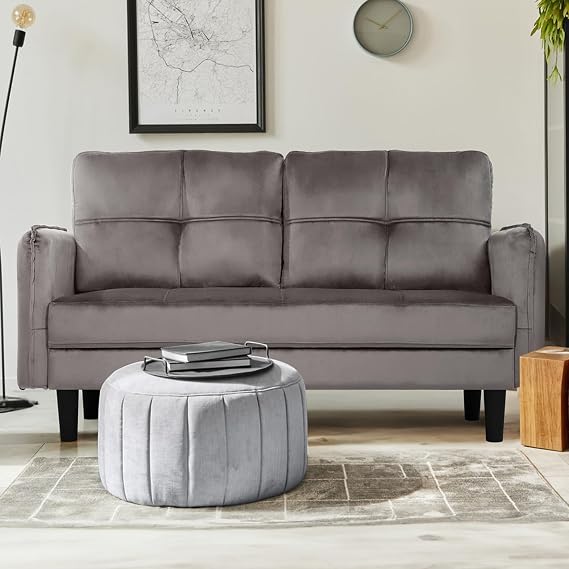Hello-5ive Modern 2 Seater Sofa, 148cm Velvet Small Sofa Couch with Spring Cushion and Storage Pocket, Comfy Upholstered Loveseat for Living Room, Bedroom, Apartment, Grey