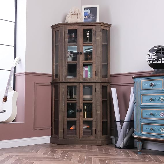 Farmhouse Corner Curio Cabinet - 67" Tall 6-Tier Glass-Door Storage Display Cabinet for China, Liquor & Collectibles | Living Room/Dining Room/Home Bar (Rustic Brown)