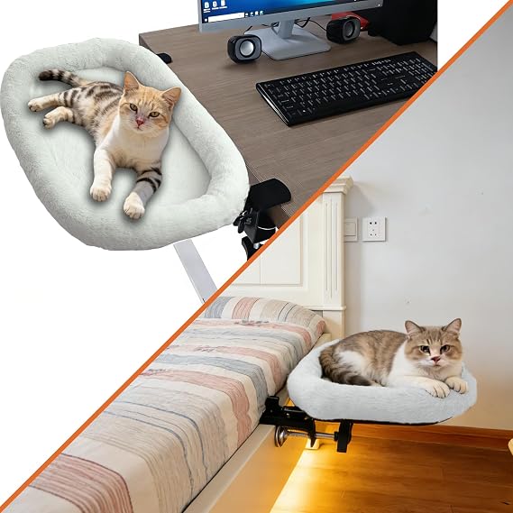 Cat Desk Bed&Cat Hammock for Desk and Bedside,90Rotating&Height Adjustable | 40 lbs Capacity,Soft Faux Fur with Reversible Mat,23.62x14.57x2.76 inch Modern Beige Cat Perch for Office&Game Tables(Beige)