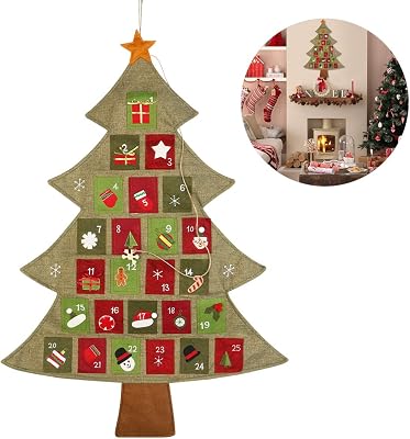 Yardwe Christmas Tree Advent Calendar, Christmas Countdown Calendar Hanging Advent with 25 Pockets, Wall Door Hanging Decor Holiday Decoration