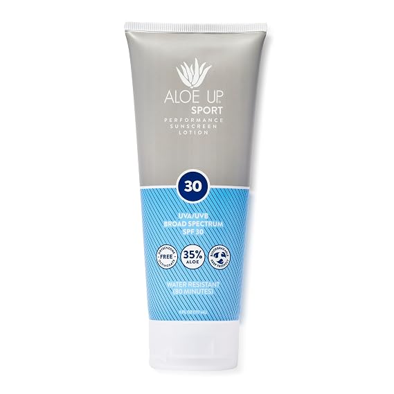 Aloe Up Sport Sunscreen Lotion SPF 30, Water Resistant, Non-greasy Cast | Broad-spectrum SPF 30; Water resistant up to 80 min; Non-greasy, With aloe vera gel