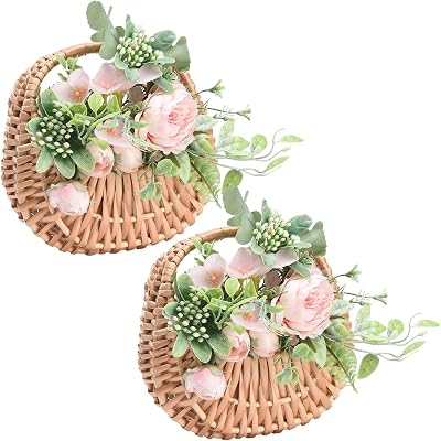 Fofetbfo 2PCS Half-moon Mini Straw Rattan Baskets, Hand-woven Flower Basket with Handle, Retro Storage Containers, Khaki