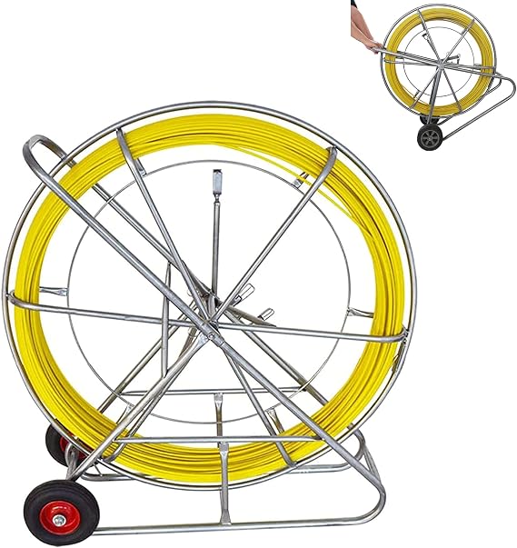 TECHTONGDA Fish Tape Fiberglass, 8mm/0.31in x 260m/850ft Duct Rodder Fish Tape Puller Fiberglass Wire Cable Running, Cable Running Rod Cable Puller with Cage and Wheel Stand, Fishtape Rod