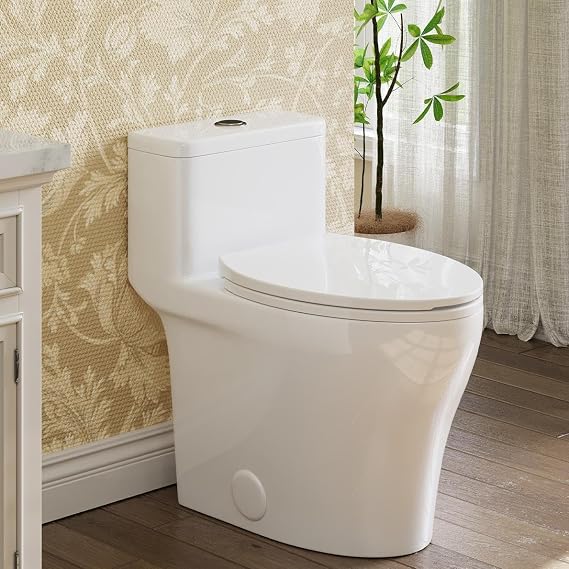 One-Piece Toilet with ADA 17.5" Height - Elongated Bowl, White Ceramic Toilet with PP Slow-Close Seat