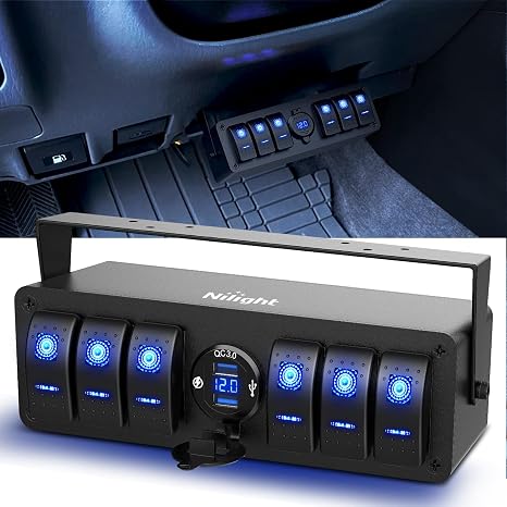 Nilight 6 Gang Rocker Switch Box 12V SPST ON Off Switch QC 3.0 USB Charger Voltmeter Waterproof Aluminum Rocker Switch Panel Night Glow Stickers for Boats Cars RVs Trucks,Blue