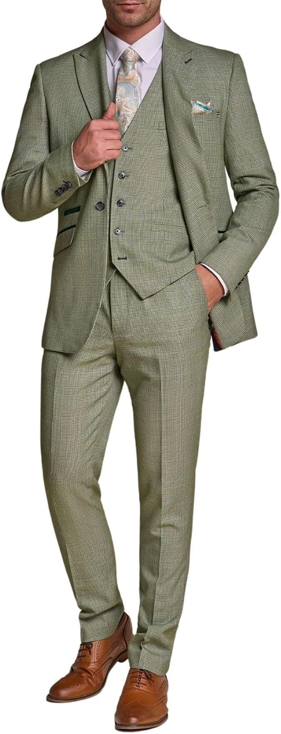 Men's Suit Sage Green 3 Piece Checked Tailored Fit Formal Dress