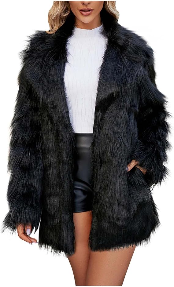 Faux Fur Winter Long Coats Women Warm Lapel Faux Fur Fuzzy Coat Jacket Overcoat Fashion Open Front Cardigan Outerwear