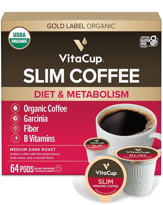 VitaCup Slim Organic Medium Dark Roast Coffee Pods for Diet Support, 64ct
