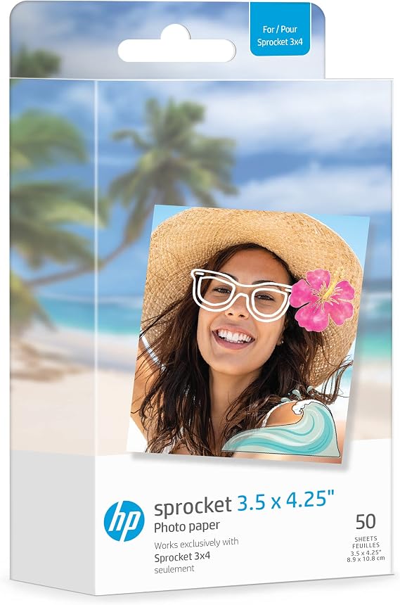 HP Sprocket 3.5 x 4.25" (8.9x10.8 cm) Premium Zink Sticky Back Photo Paper, 50 Sheets, Compatible Only with HP Sprocket 3x4 & Photobooth Photo Printers