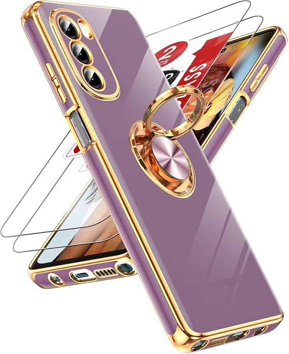 LeYi for Motorola G Stylus 5G 2022 Case: with Tempered Glass Screen Protector [2 Pack] 360 Rotatable Ring Magnetic Kickstand, Plating Rose Gold Edge for Moto G Stylus 5G 2022 Case, Purple
