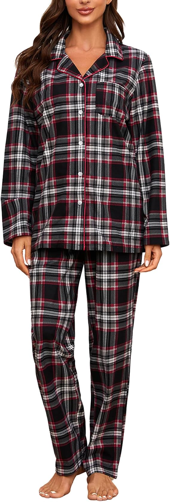 HEARTNICE Women Soft Pajama Set, Long Warm Flannel Pajamas Lightweight Cute Printed Pjs Set with Pockets