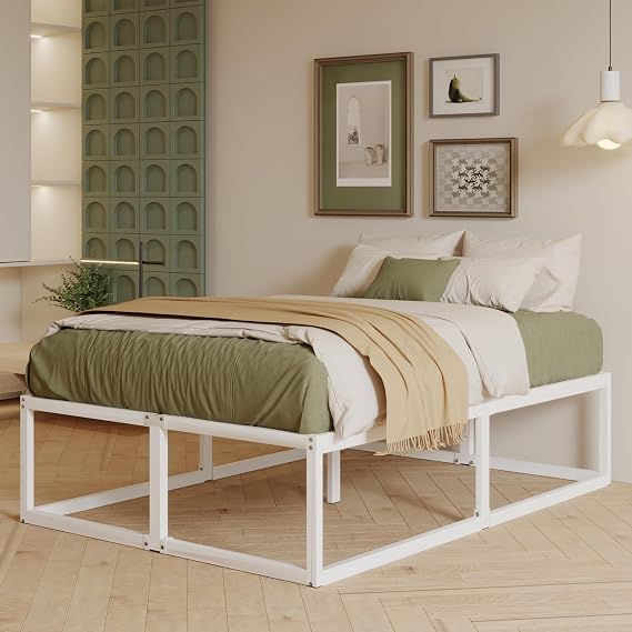 EMODA 46 cm High Metal Bed Frame 140x190 cm, Heavy Duty Platform Bed Frame with Steel Slats Support, Large Underbed Storage, Noise Free, Easy Assembly, White