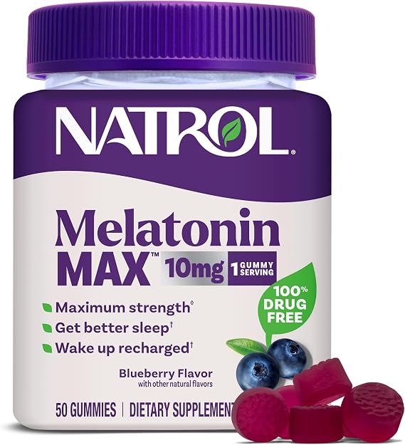 Natrol MelatoninMax 10 mg, Sleep Gummies for Adults, Blueberry, 50 Count