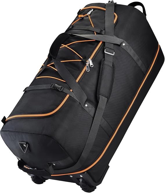 Rolling Duffle Bag with Wheels,110L/140L Expandable Soft-Sided Foldable Duffle Bag with 2 Rubber Wheels,Packable 32 Rolling Carry-On with Pockets & Compartments (Black orange)