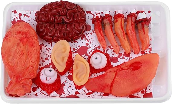 Halloween Blood Lunch Box Props Fake Bloody Human Internal Organs Brain Heart Lung Fingers Eyes Ears Broken Scary Face for Haunted House Halloween Vampire Zombie Party Decorations Trick Supplies
