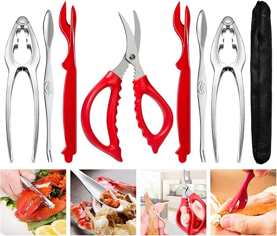 Crab Crackers and Tools, Crab Leg Crackers and Picks Set, Picks Knife for Crab, Shellfish Scissors Nut Cracker, Stainless Steel Seafood Utensils Crackers & Forks Cracker (Red)