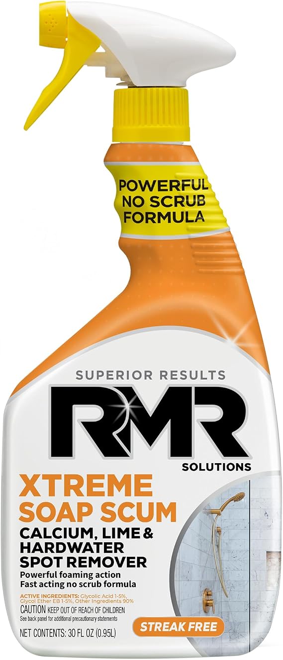 RMR - Xtreme Soap Scum Remover, Fast-Acting, No-Scrub Bathroom Cleaner for Soap Scum, Calcium, Hard Water, Limescale, and Shower Tile Residue, Bleach-Free, 30-Fluid Ounce Spray Bottle