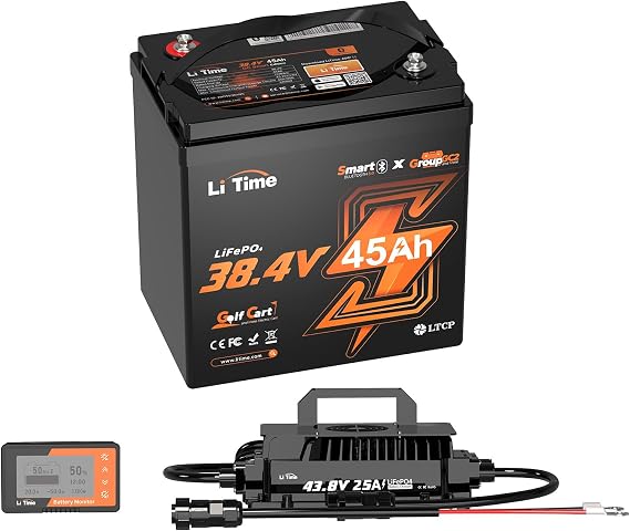 Litime 38.4V 45Ah Bluetooth GC2 Lithium Golf Cart Battery with 43.8V 25A Charger and 500A Battery Monitor