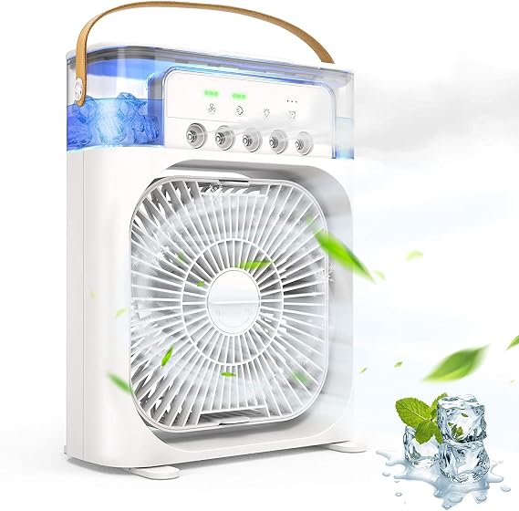 Portable Personal Air Conditioner Fan, 900ML Evaporative Cooler with Ice Tray, 5-in-1 Timer, 7 Color Lights, 5 Sprays, 3 Speeds, Leak-Proof, Low Noise, White