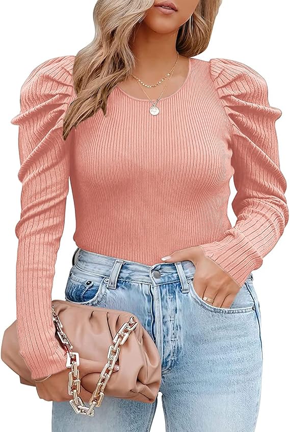 Plus Size Sweaters for Women Puff Long Sleeve Ribbed Knit Pullovers 1X-5X