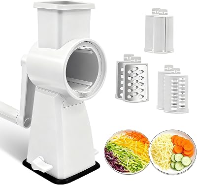 3-in-1 Rotary Cheese Grater Handheld, Lightweight Body with 3 Stainless Steel Blades & Non-Slip Suction Base, for Shredding Parmesan, Slicing Vegetables, Grating ChocolateWhite