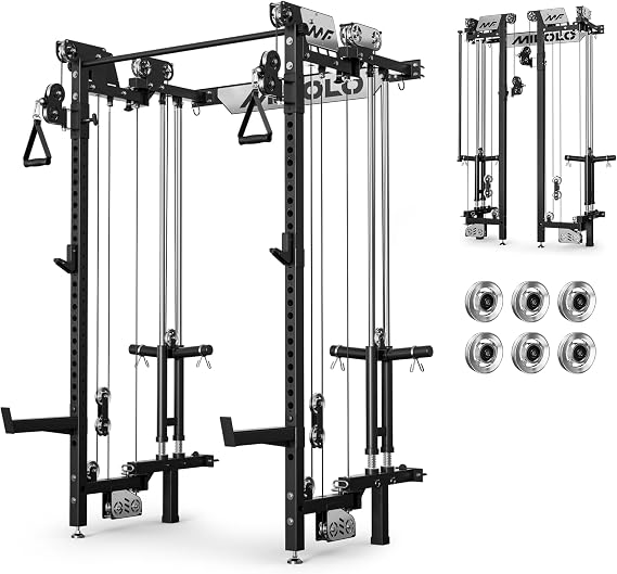 Mikolo Folding Squat Rack, Wall Mounted Power Rack with Cable Crossover Machine & LAT Pull Down, Functional Trainer with 5 Adjustable Function Modes, Home Gym Package