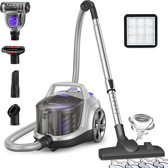 Aspiron Canister Vacuum Cleaner, Lightweight Bagless Vacuum Cleaner, 3.7QT Large Dust Cup, Automatic Cord Rewind, 5 Tools, HEPA Filter, Variable Speed Portable Vacuum for Hard Floors, Pet, Car, Silver