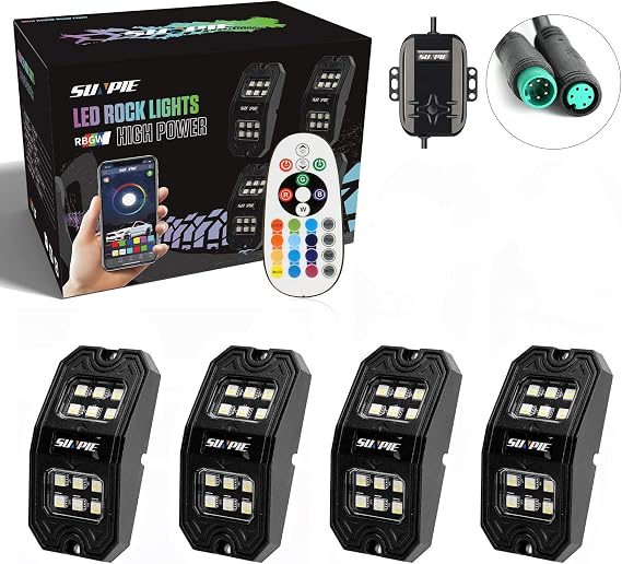 SUNPIE 4 Pods Upgraded 210 Degrees Wide Angle RGBW Rock Lights APP/Voice Mode Music Mode Automatic Control Neon Light Kit Wheel Well Lights for Off Road Truck SUV ATV UTV Boats