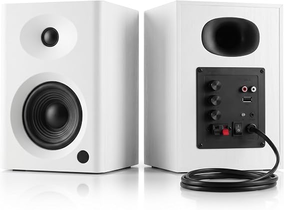 4-Inch Powered Bluetooth Bookshelf Speakers, White | 60W Active Home Audio System w/ Wooden Enclosure & Remote, for TV, Turntable, Record Player, Computer, PC, RCA/AUX Input
