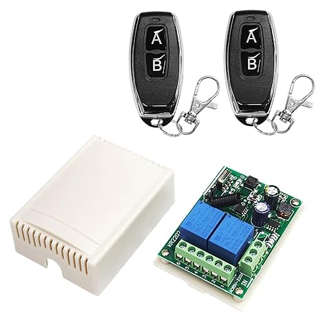 AC 110V 120V 220V Wireless RF Remote Control Relay Switch Universal 2-Ch Receiver with 2 Transmitters for Garage Door Openers,Electric Curtain Motor Forward&Reverse, LED Lights