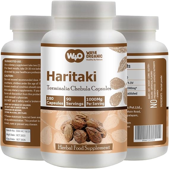 Haritaki Capsules Terminalia Chebula, 180 Pills, 90 Servings, 1000 mg. Pack of 1.
