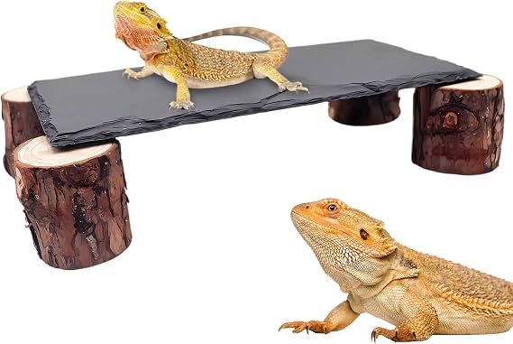 Bearded Dragon Basking Platform, Slate Rocks for Reptiles with Wooden Pile, Leopard Gecko Hides and Caves, Reptile Tank Accessories for Bearded Dragons, Geckos, Ball Pythons, Tortoise