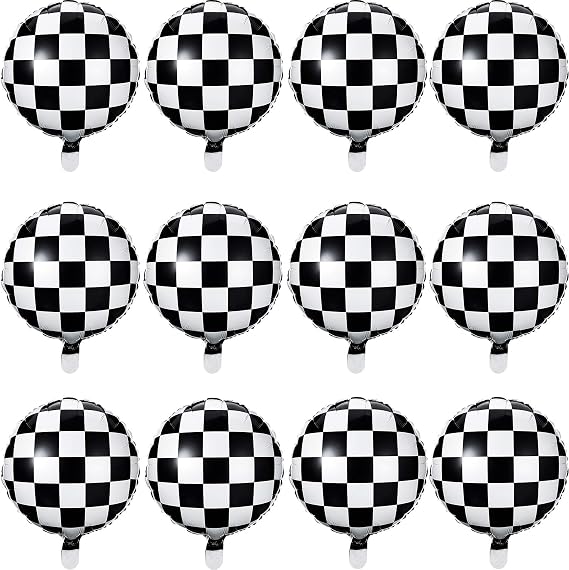 Gejoy 24 Pcs Checkerboard Balloon 18 Inches Aluminum Foil Black White Checkered Balloon for Racing Car Themed Birthday Party Decoration Supply