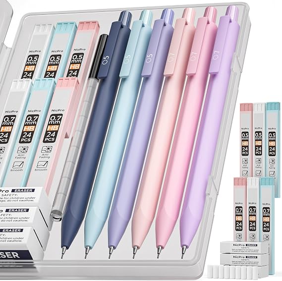 Nicpro Pastel Mechanical Pencil Set, 0.5 & 0.7mm Cute Pencils, Pack of 6